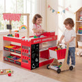 Kids Grocery Store Playset Wooden Pretend Play Supermarket with Shopping Cart-Red