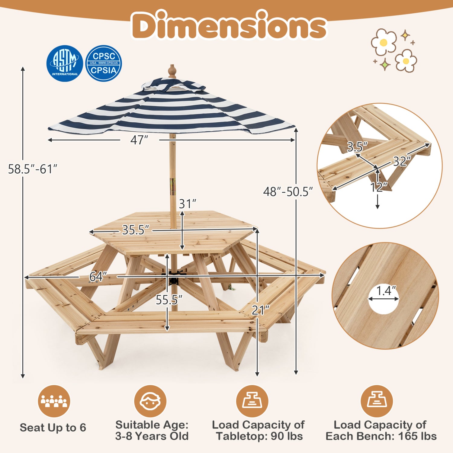Kids Hexagonal Picnic Table with Adjustable Umbrella and Chairs-Natural