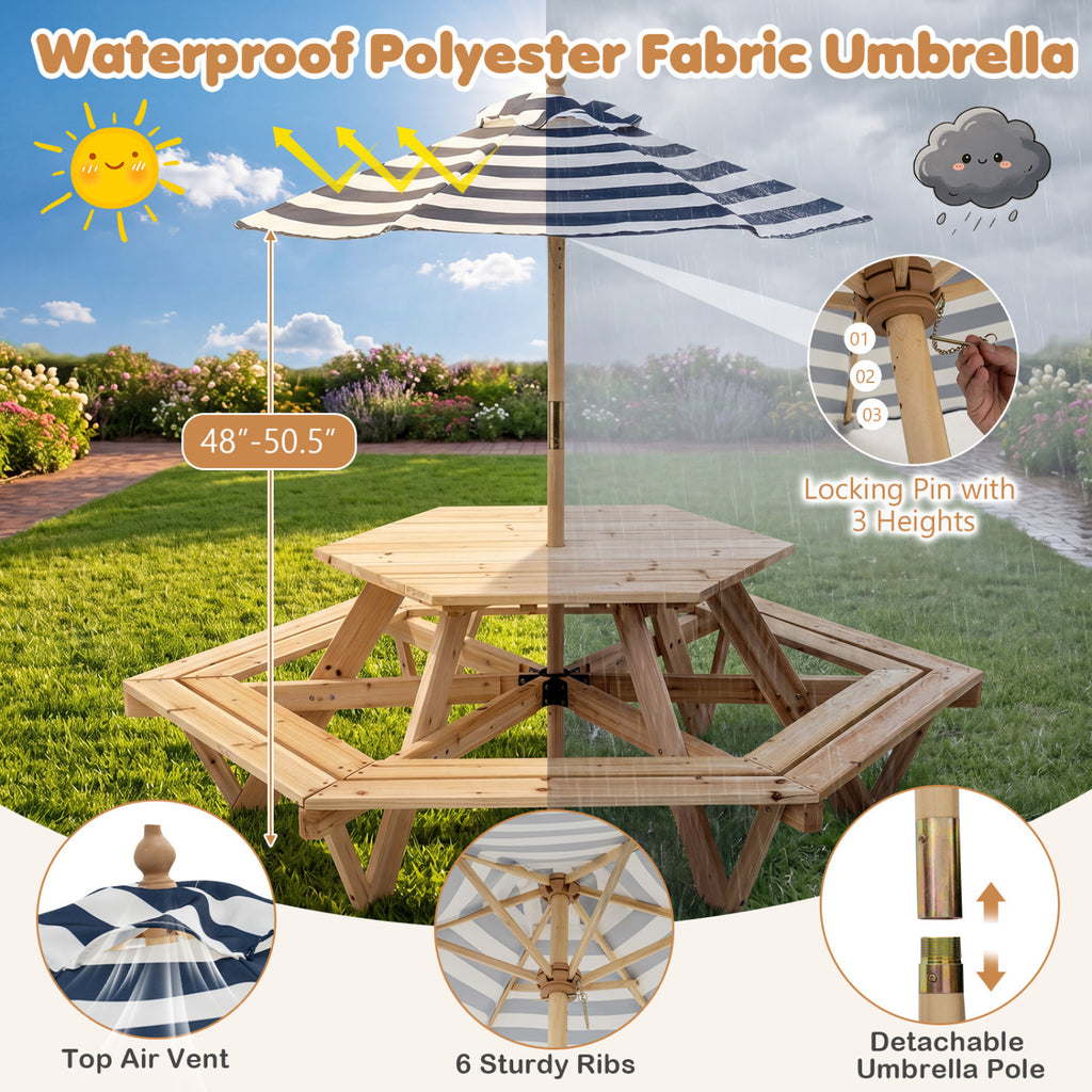 Kids Hexagonal Picnic Table with Adjustable Umbrella and Chairs-Natural