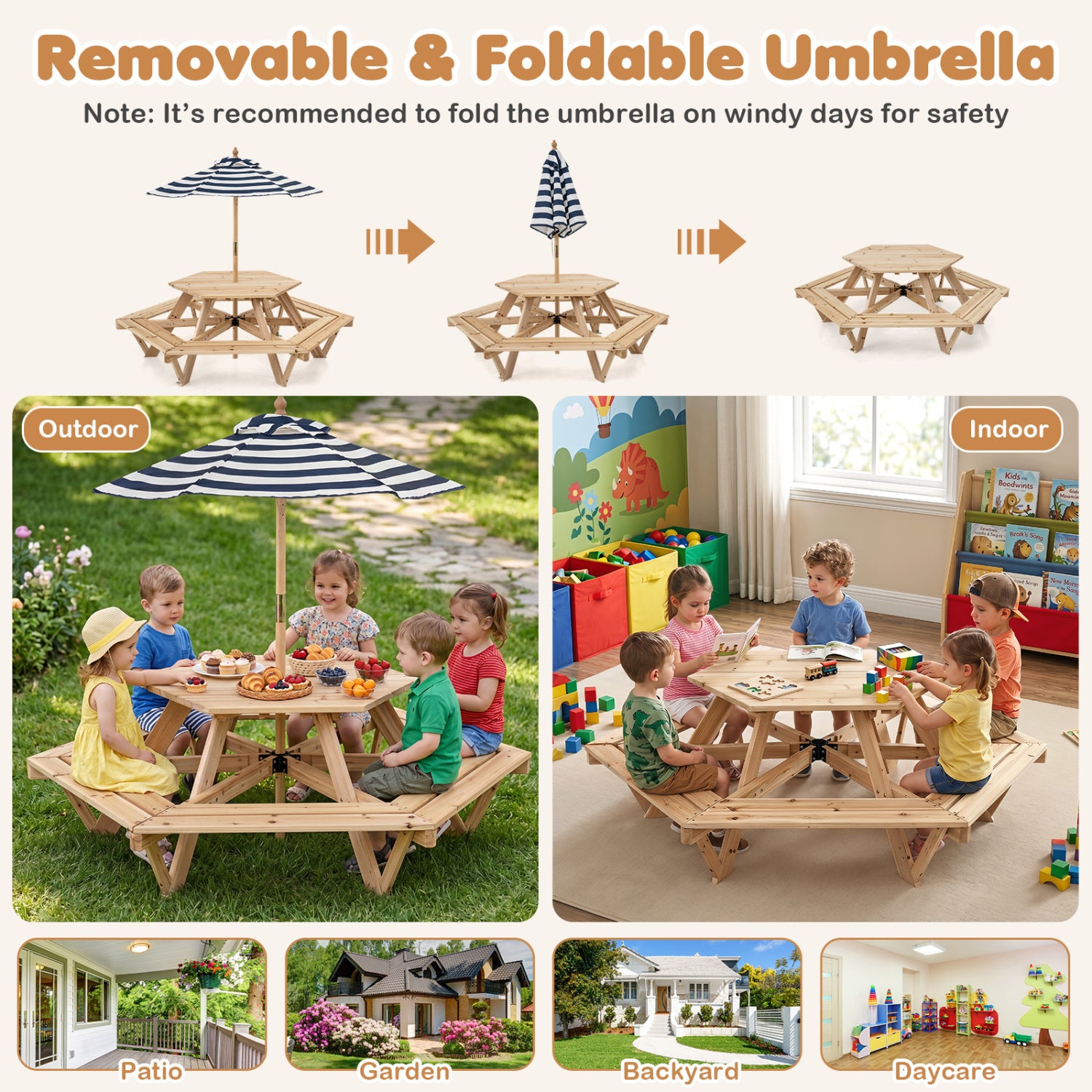 Kids Hexagonal Picnic Table with Adjustable Umbrella and Chairs-Natural