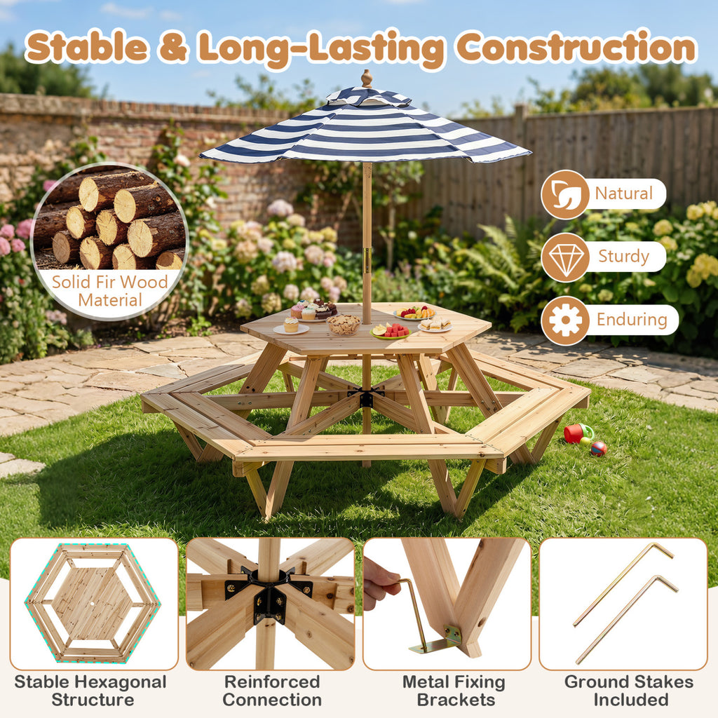 Kids Hexagonal Picnic Table with Adjustable Umbrella and Chairs-Natural