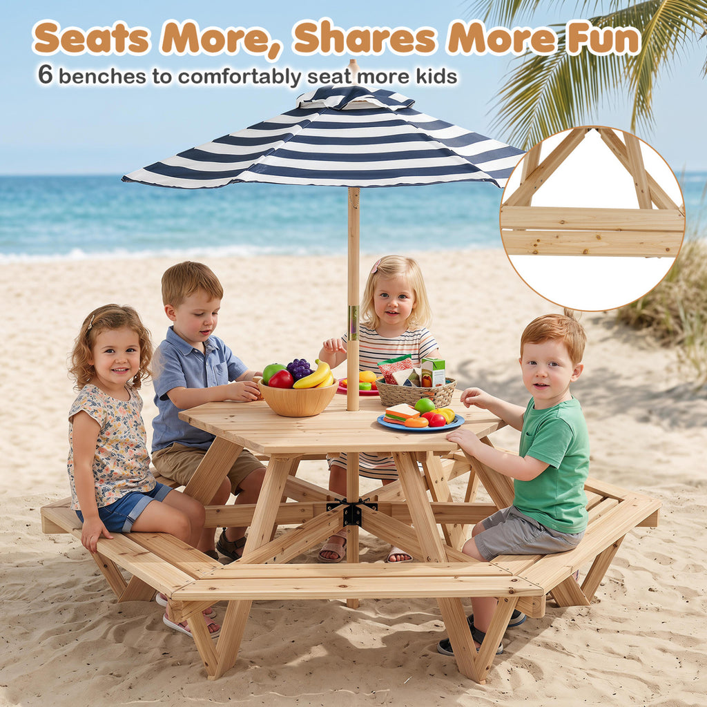 Kids Hexagonal Picnic Table with Adjustable Umbrella and Chairs-Natural