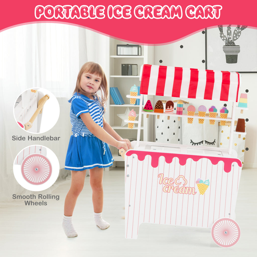 Kids Ice Cream Cart Playset with Display Rack and Accessories-Red