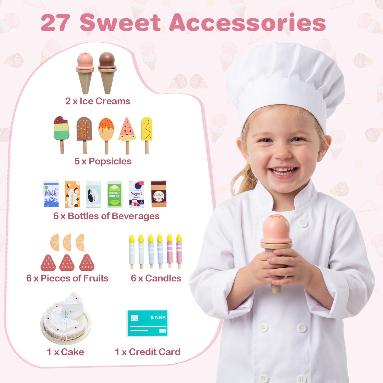 Kids Ice Cream Shop with 27 Accessories and Ice Cream Machine for Ages 3+-Pink