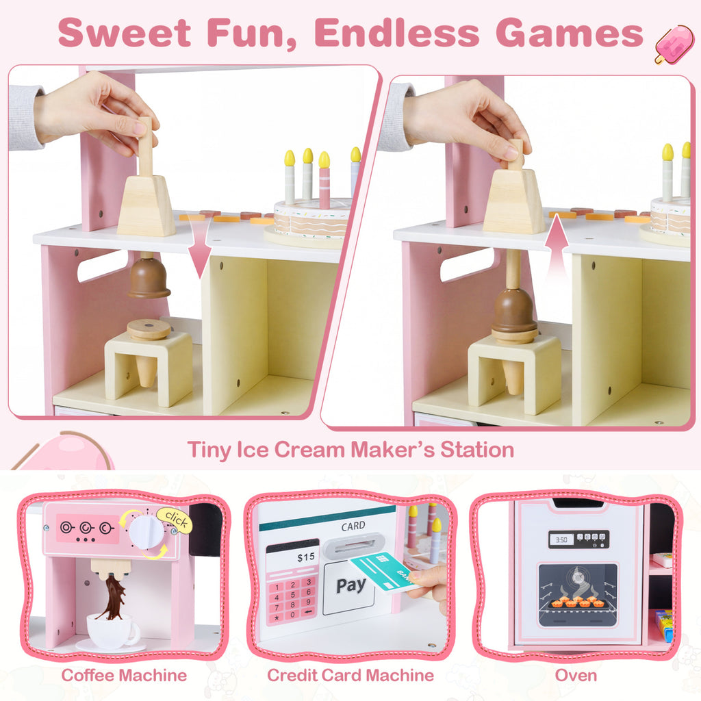 Kids Ice Cream Shop with 27 Accessories and Ice Cream Machine for Ages 3+-Pink
