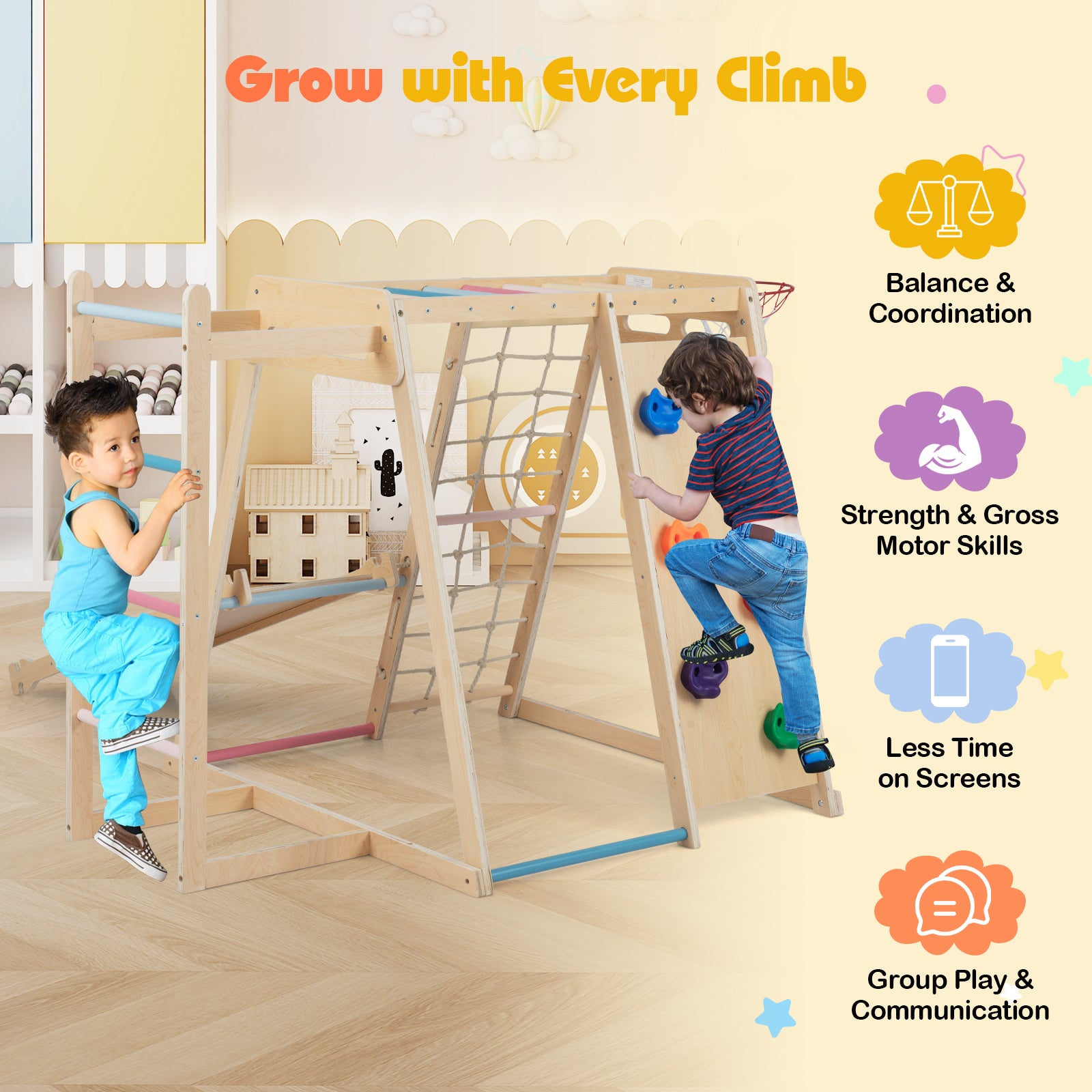 Kids Indoor Playground 6-in-1 Jungle Gym for 3-14 Years Olds-Macaron