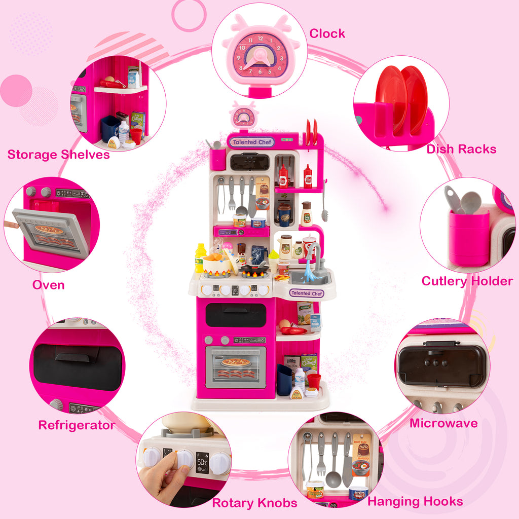 Kids Kitchen Playset Pretend Play Kitchen with Realistic Sounds and Lights-Pink