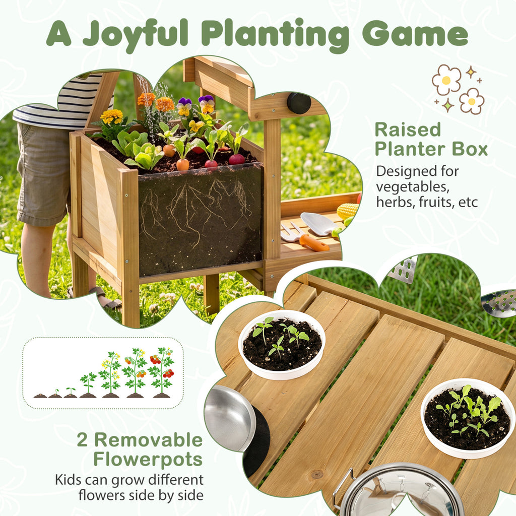 Kids Mud Kitchen Wooden Play Kitchen with Planter Box-Natural