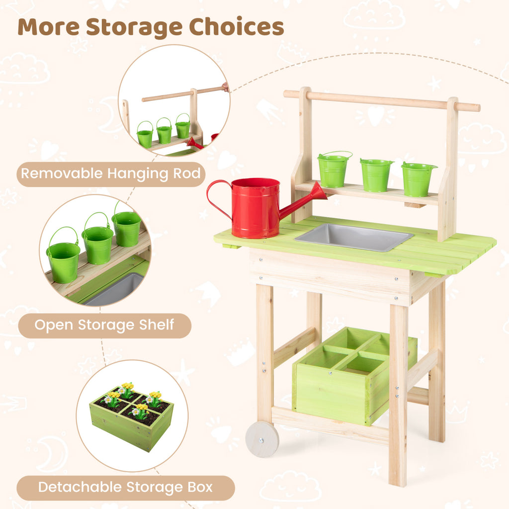 Kids Mud Kitchen with Removable Pots  Watering Can Planting Trough and Storage Box-Natrual