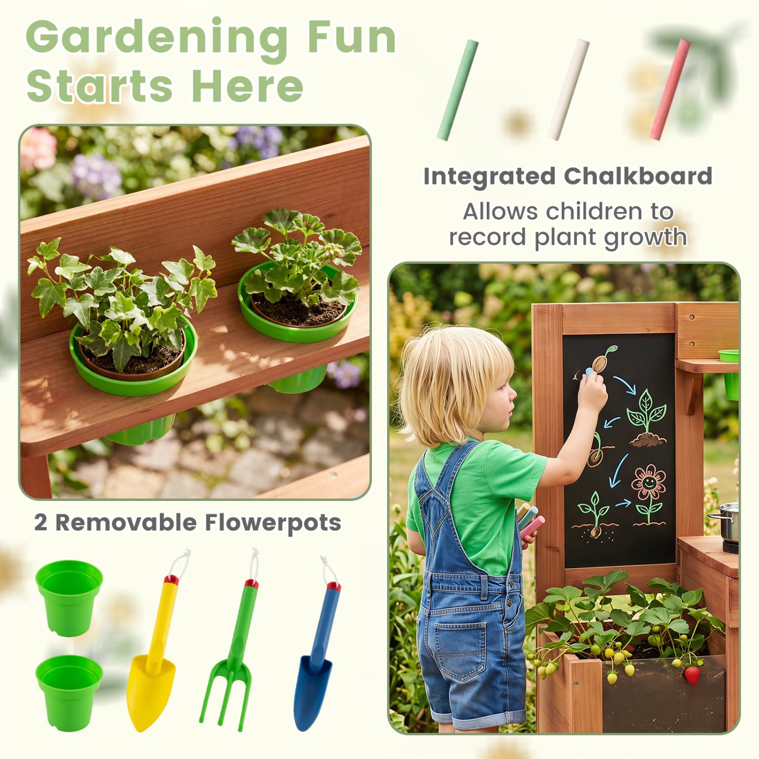 Kids Mud Kitchen with Planter Box and Sink and 13 Accessories for Ages 3+-Natural