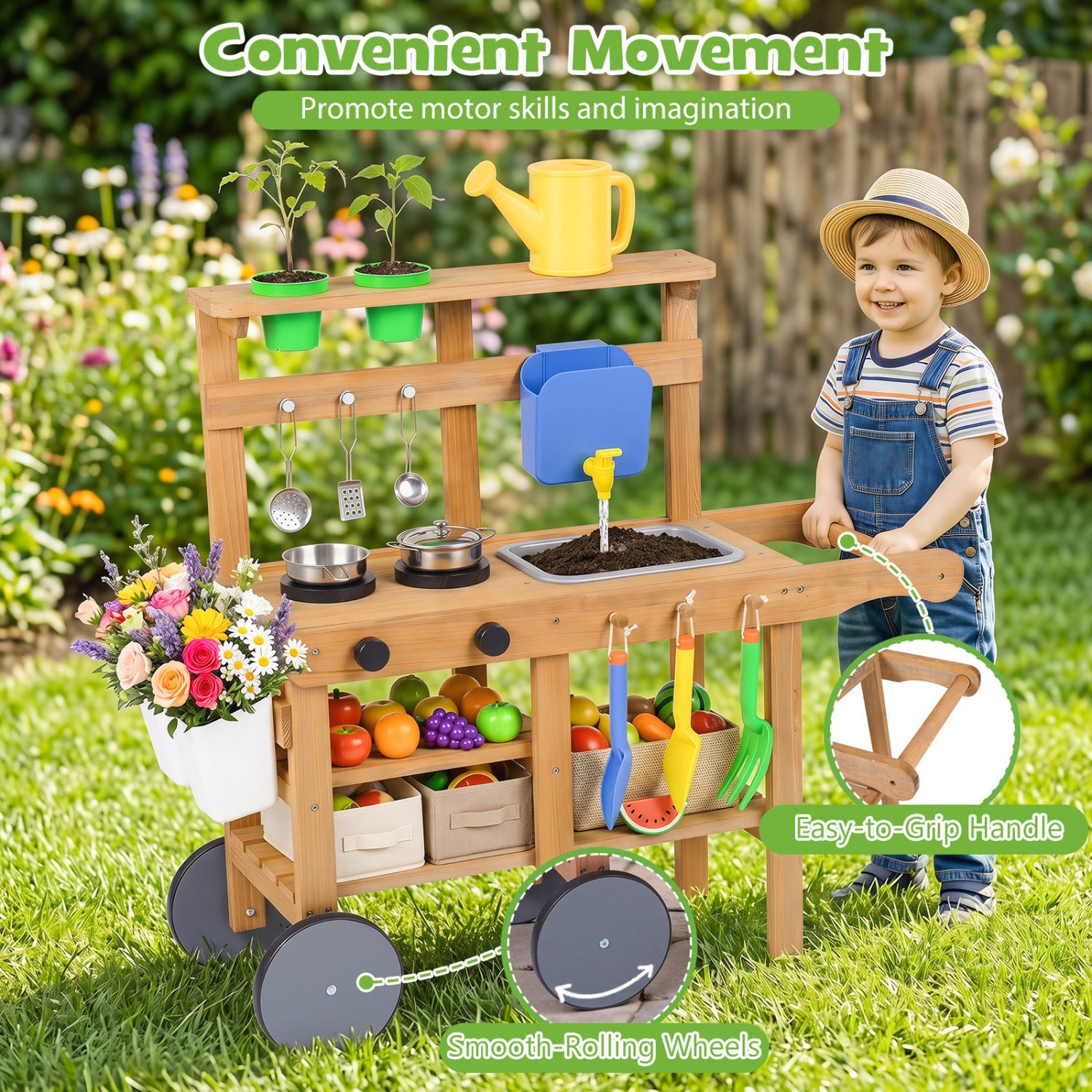 Kids Mud Kitchen with Water Tank and Sink and 15 Accessories for Ages 3+-Natural