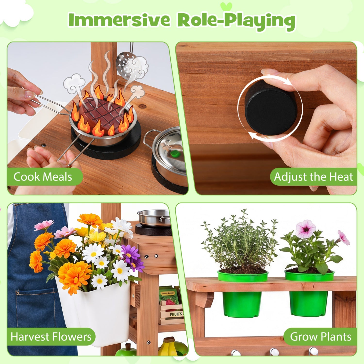 Kids Mud Kitchen with Water Tank and Sink and 15 Accessories for Ages 3+-Natural