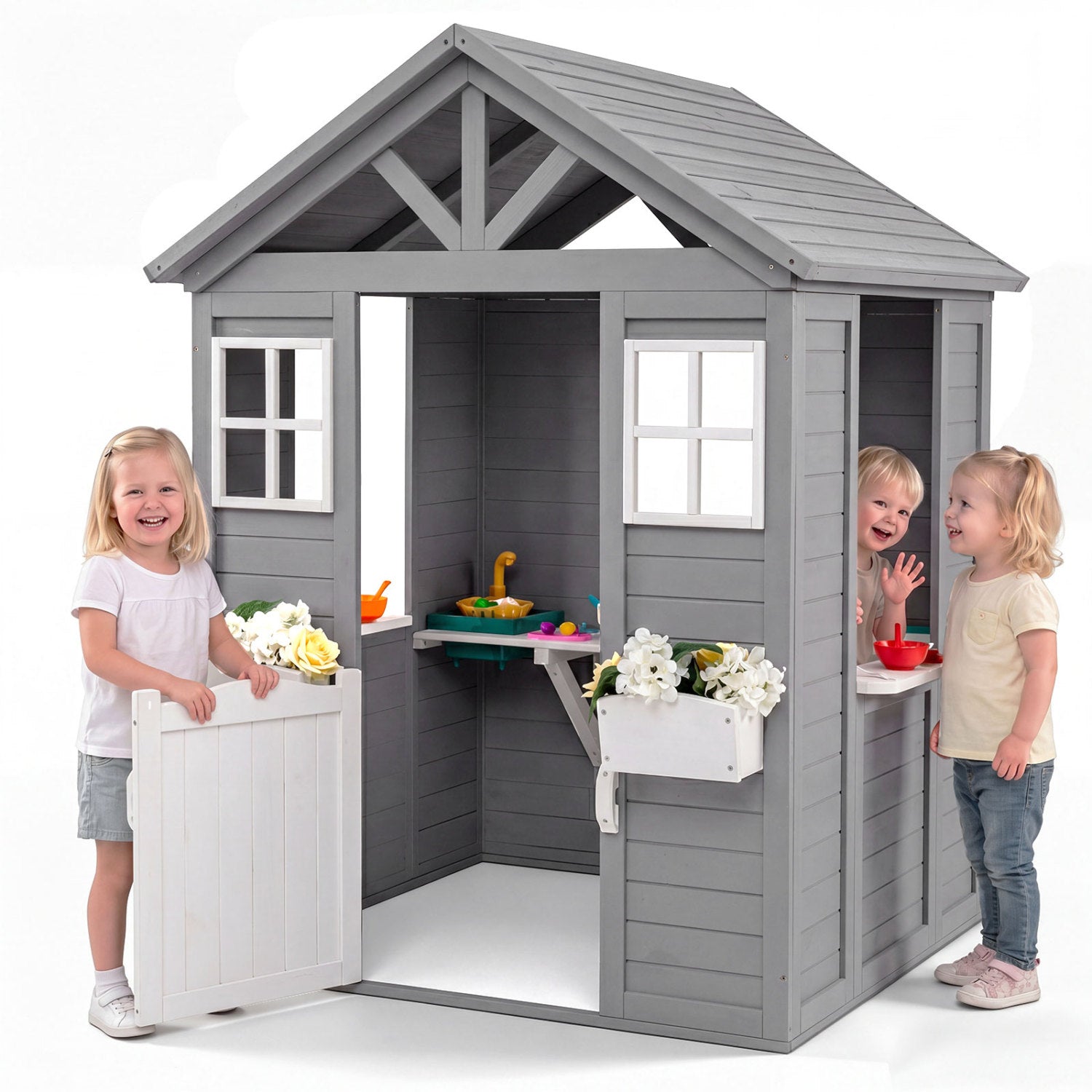 Kids Outdoor Playhouse with Sink Spruce Wooden Cottage with Half Door-Gray