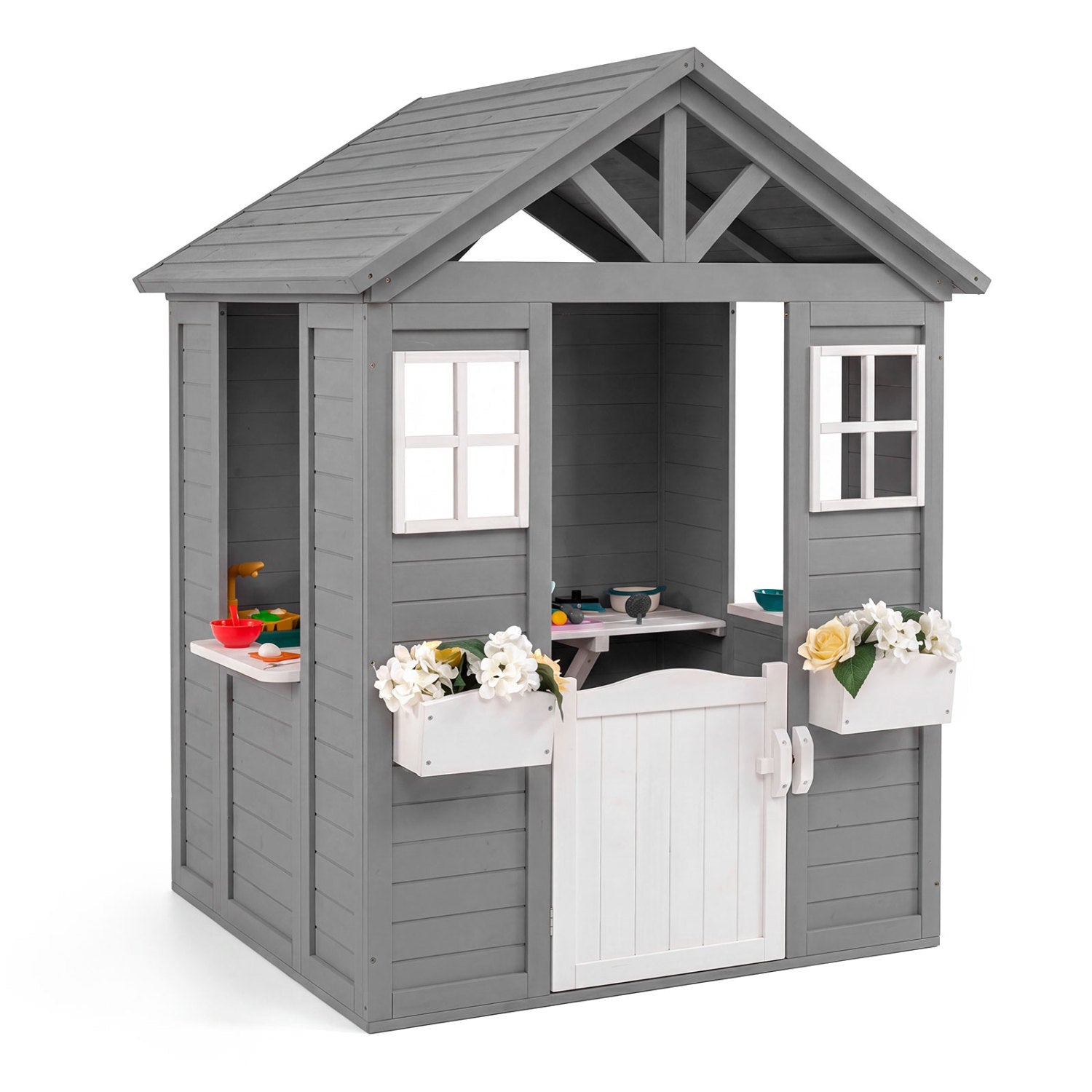Kids Outdoor Playhouse with Sink Spruce Wooden Cottage with Half Door-Gray