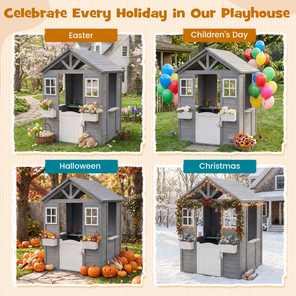 Kids Outdoor Playhouse with Sink Spruce Wooden Cottage with Half Door-Gray