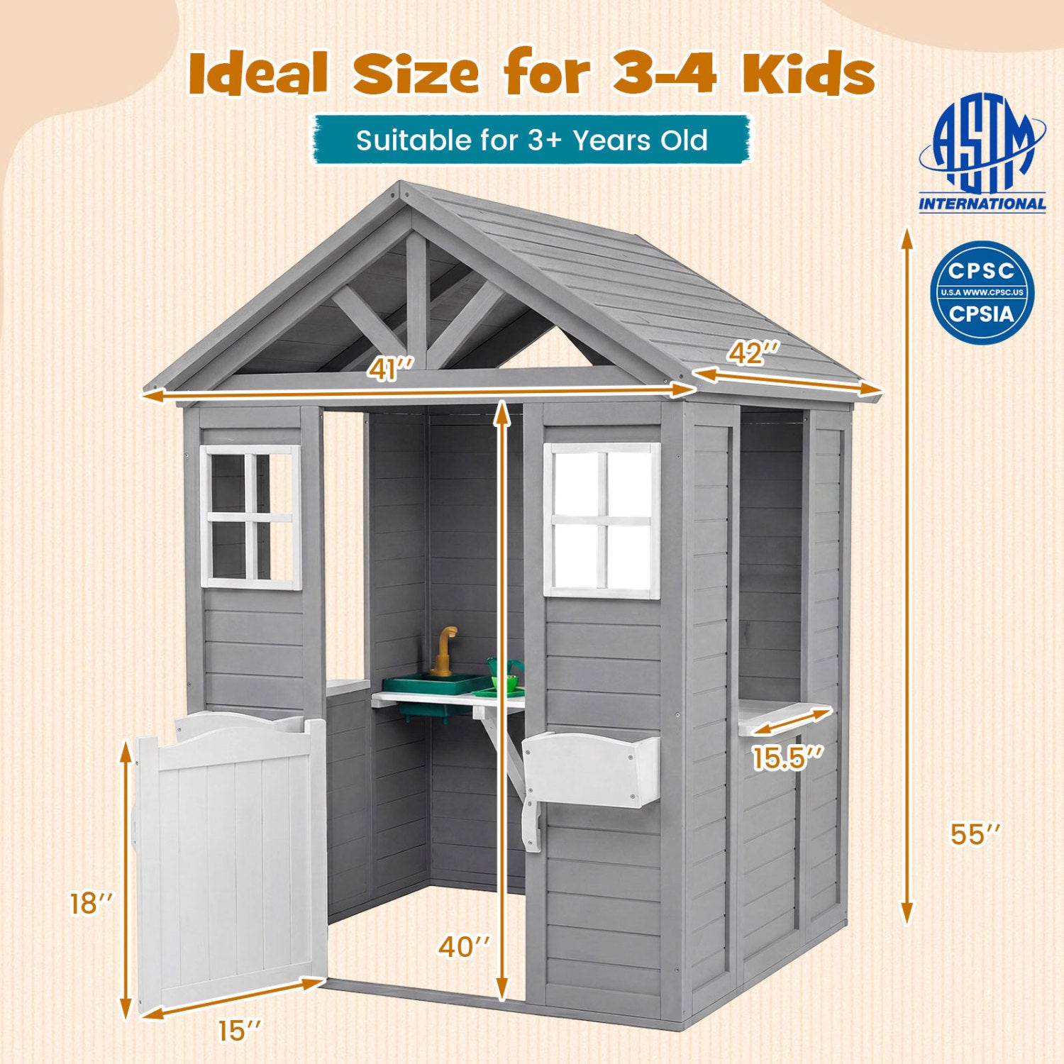 Kids Outdoor Playhouse with Sink Spruce Wooden Cottage with Half Door-Gray