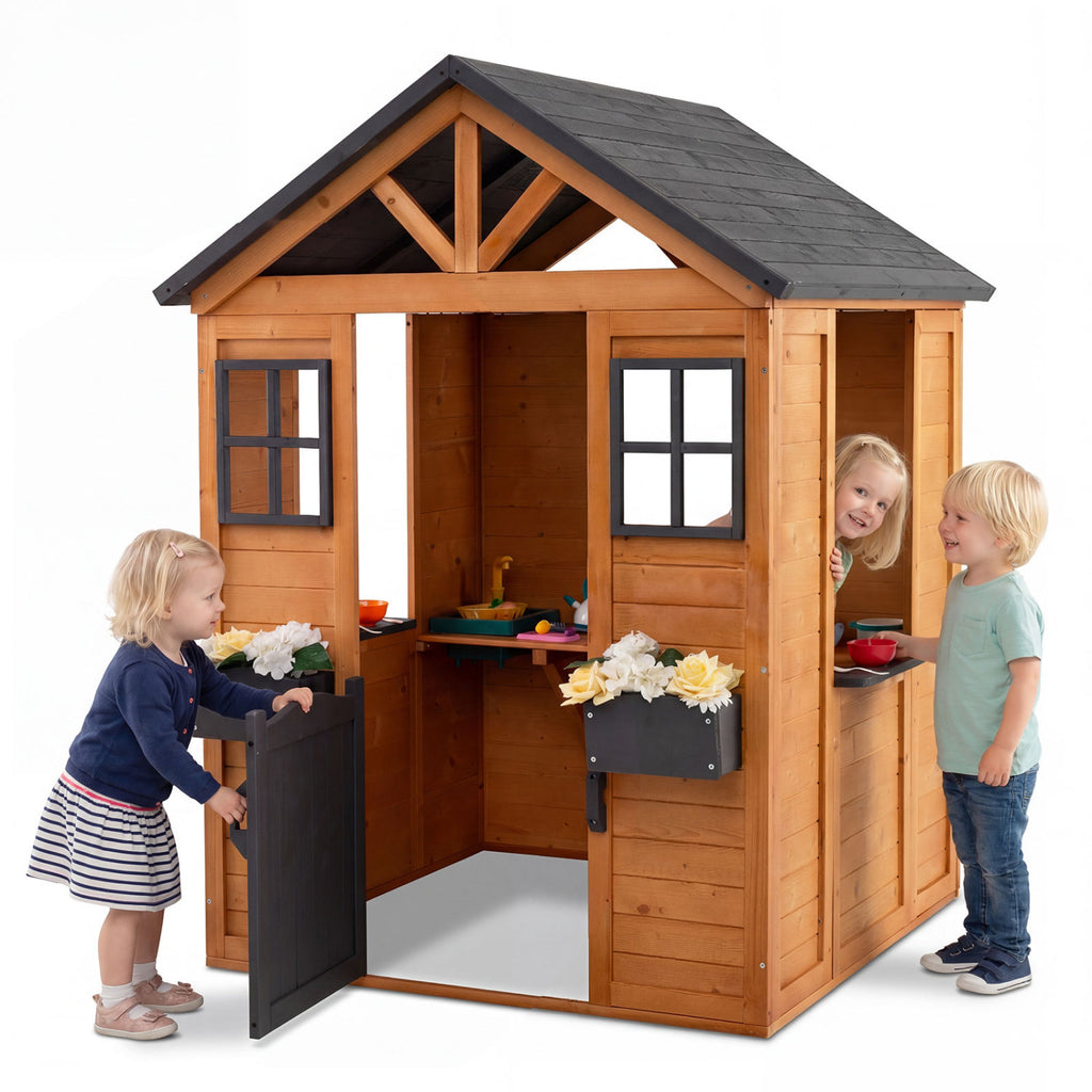 Kids Outdoor Playhouse with Sink Spruce Wooden Cottage with Half Door-Natural