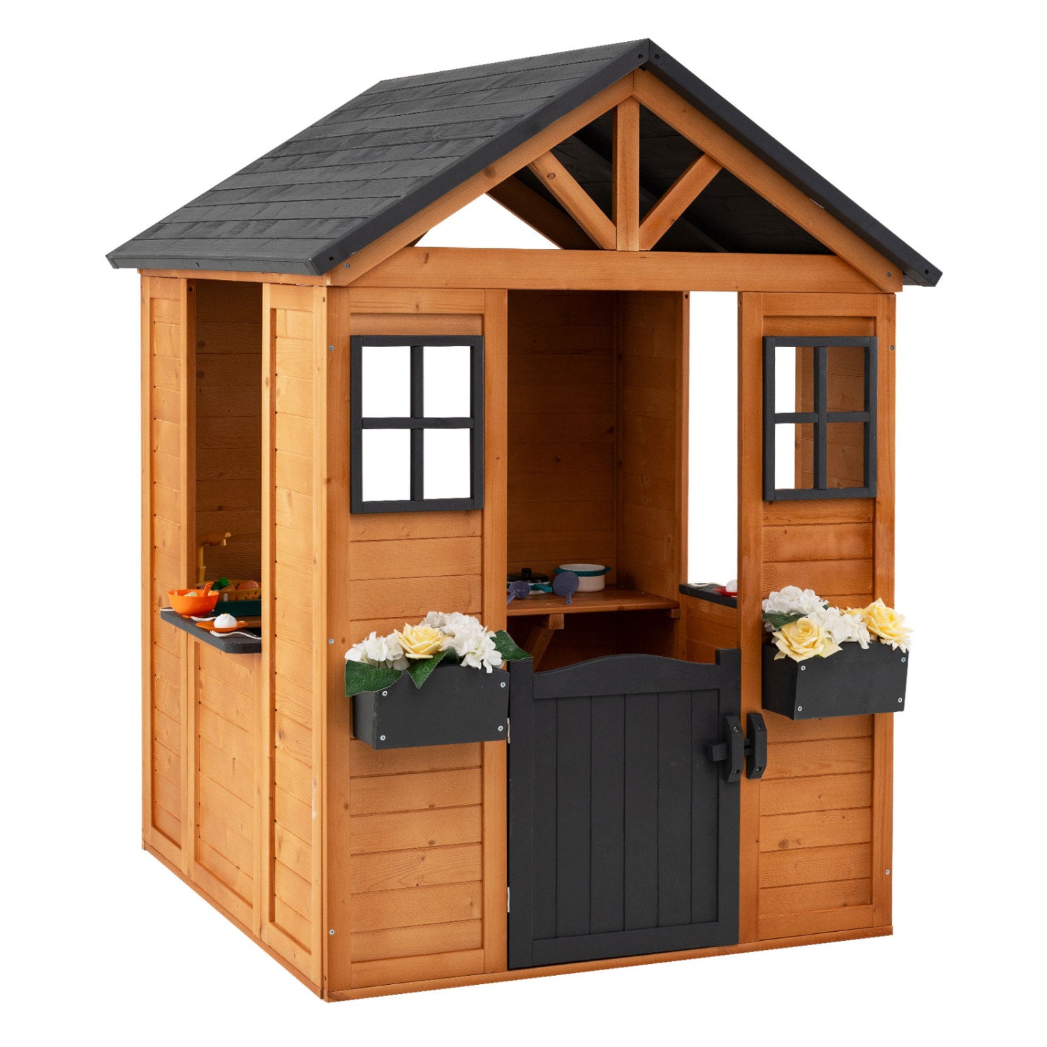 Kids Outdoor Playhouse with Sink Spruce Wooden Cottage with Half Door-Natural