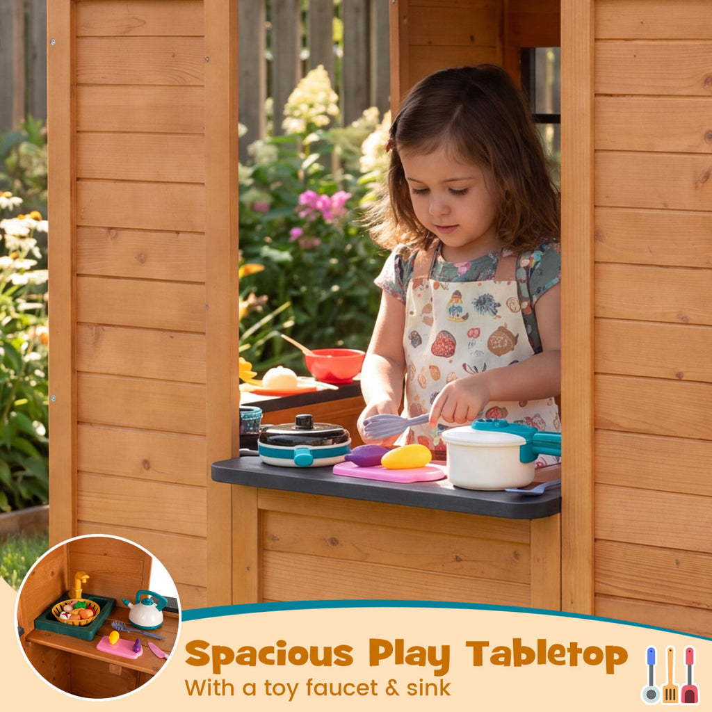 Kids Outdoor Playhouse with Sink Spruce Wooden Cottage with Half Door-Natural