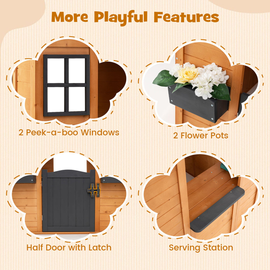 Kids Outdoor Playhouse with Sink Spruce Wooden Cottage with Half Door-Natural