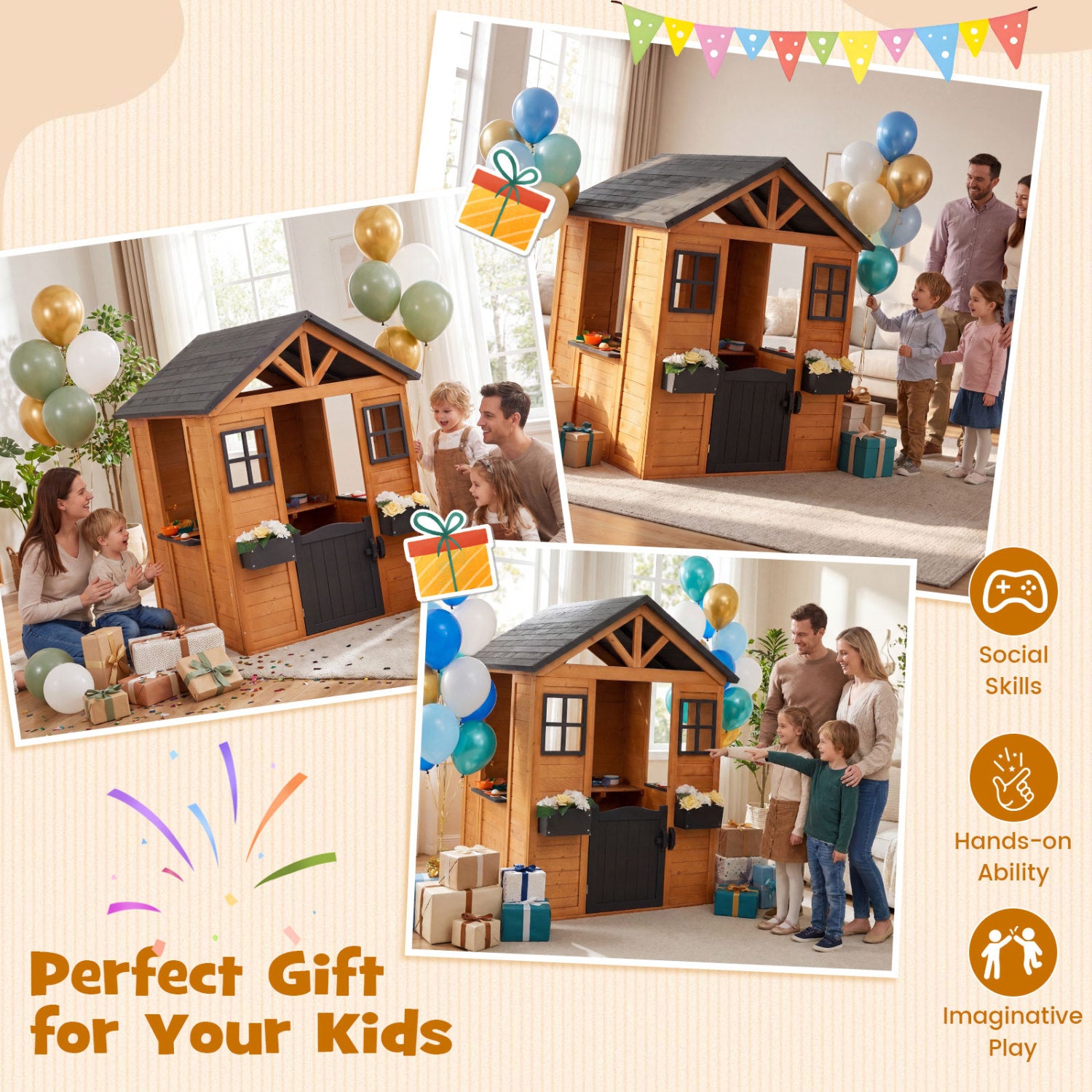 Kids Outdoor Playhouse with Sink Spruce Wooden Cottage with Half Door-Natural