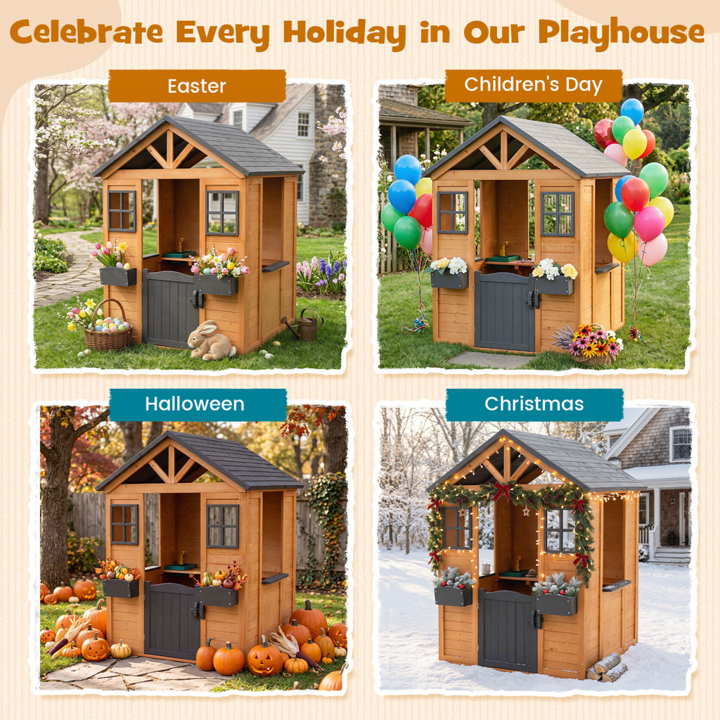Kids Outdoor Playhouse with Sink Spruce Wooden Cottage with Half Door-Natural