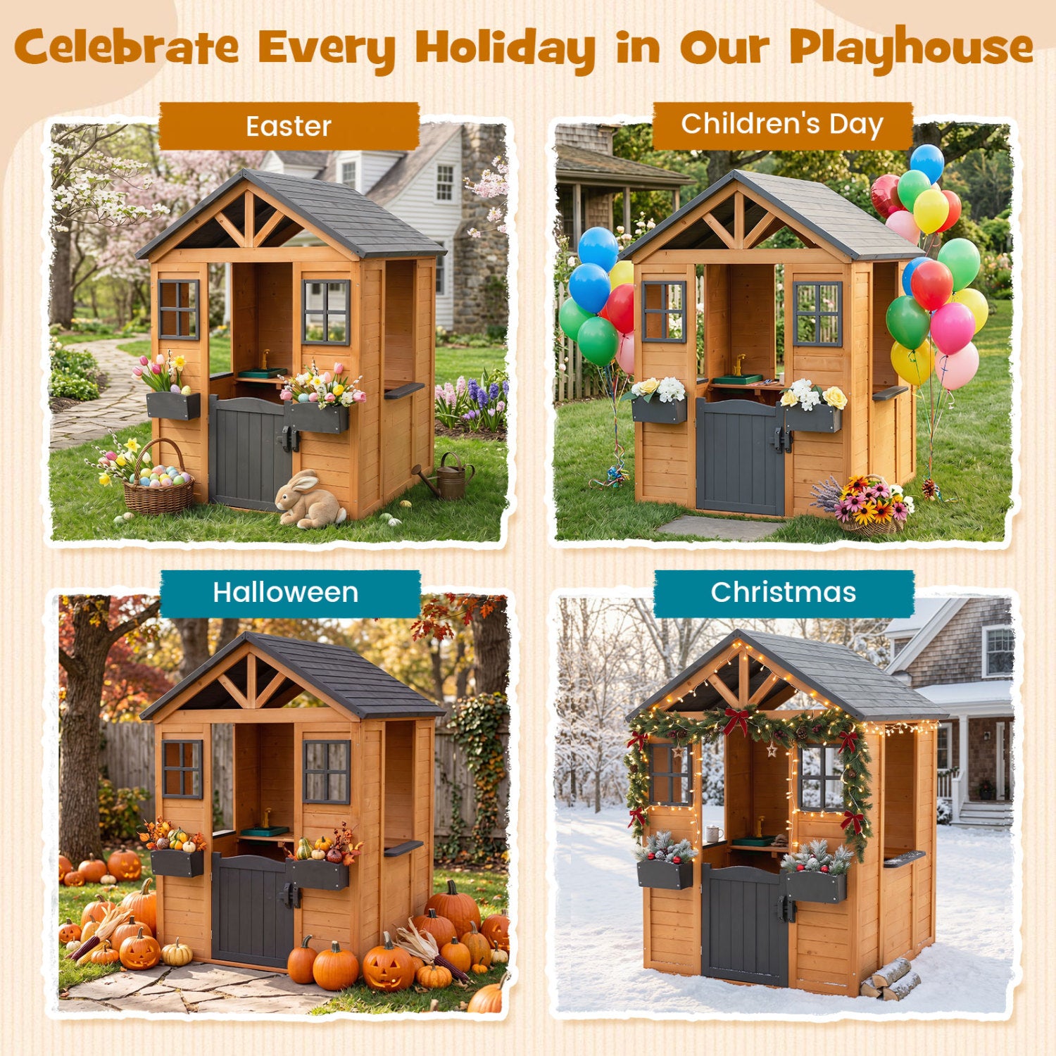 Kids Outdoor Playhouse with Sink Spruce Wooden Cottage with Half Door-Natural