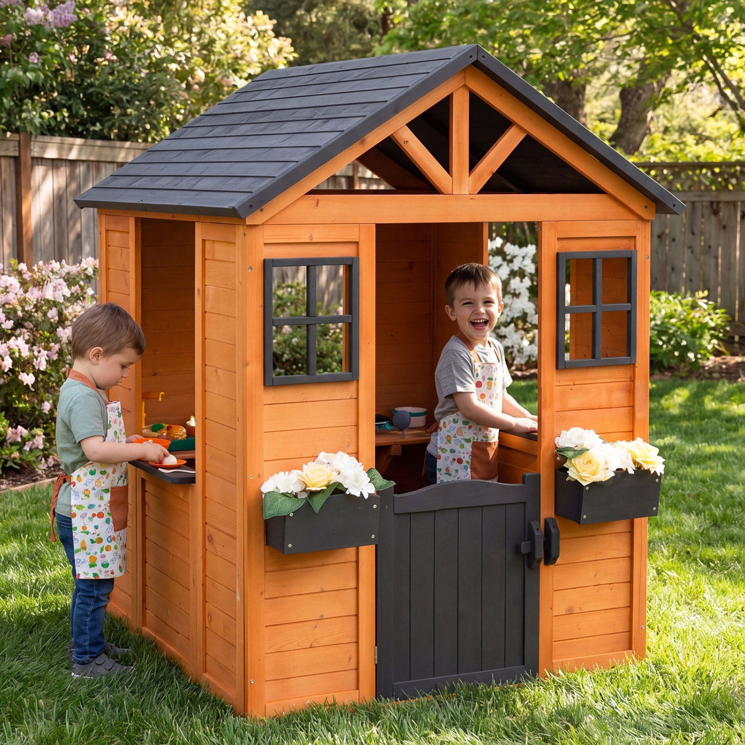 Kids Outdoor Playhouse with Sink Spruce Wooden Cottage with Half Door-Natural