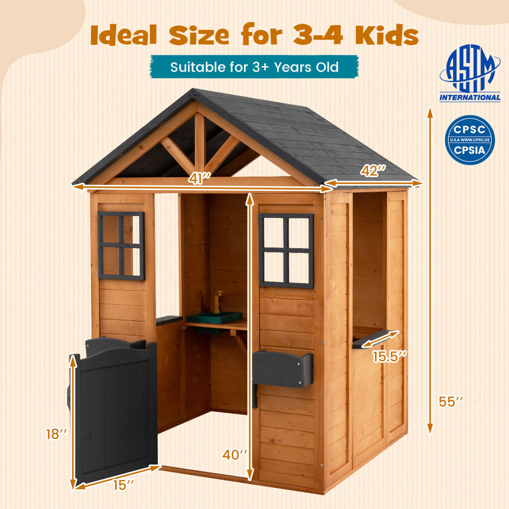 Kids Outdoor Playhouse with Sink Spruce Wooden Cottage with Half Door-Natural
