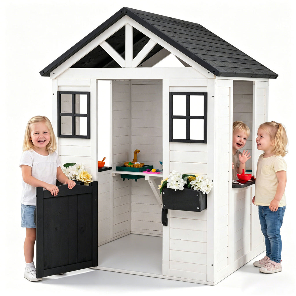 Kids Outdoor Playhouse with Sink Spruce Wooden Cottage with Half Door-White