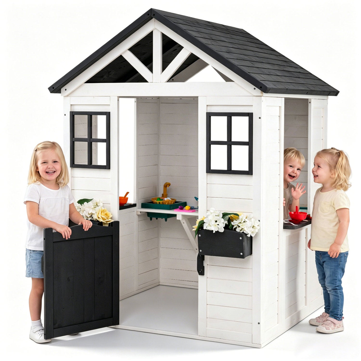 Kids Outdoor Playhouse with Sink Spruce Wooden Cottage with Half Door-White