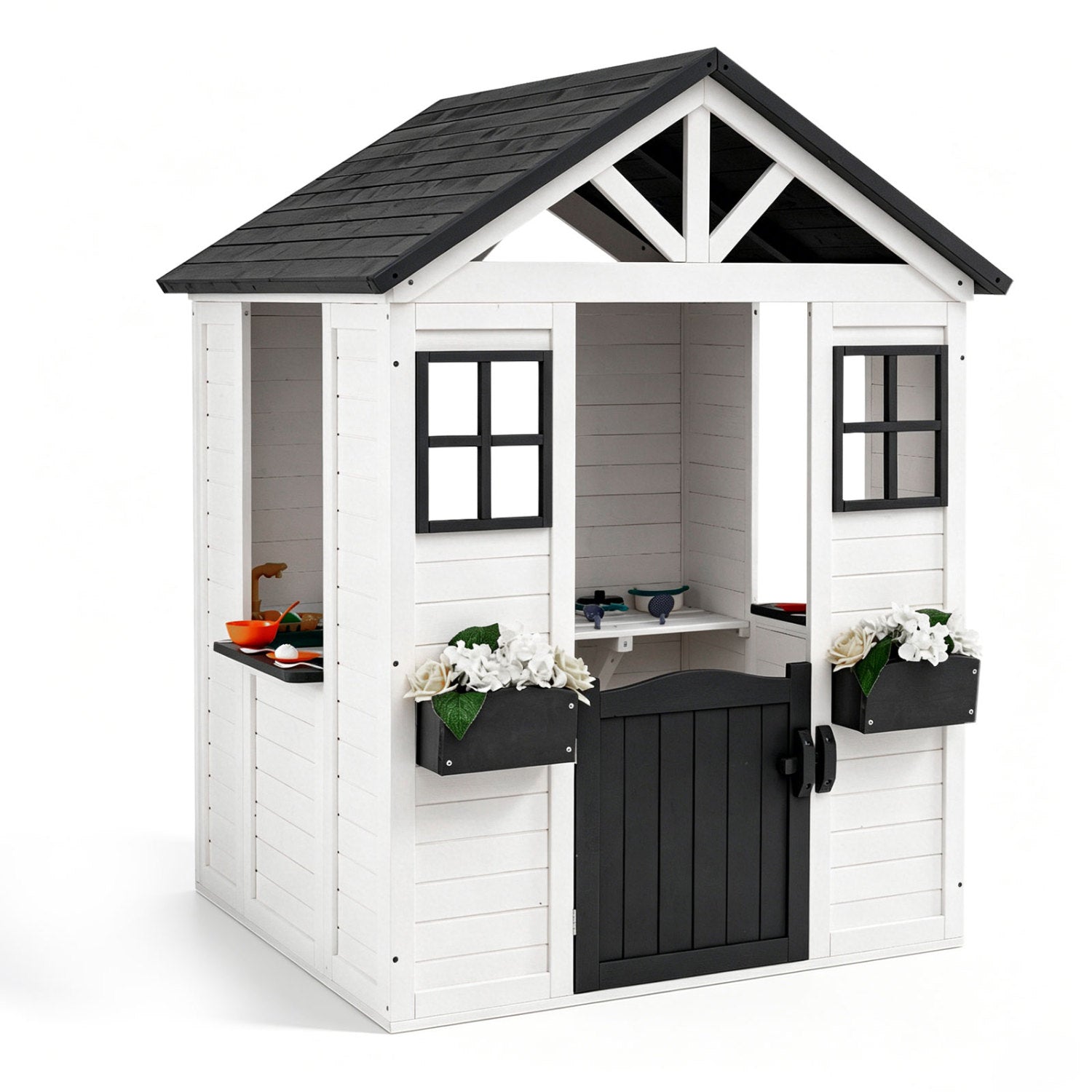 Kids Outdoor Playhouse with Sink Spruce Wooden Cottage with Half Door-White
