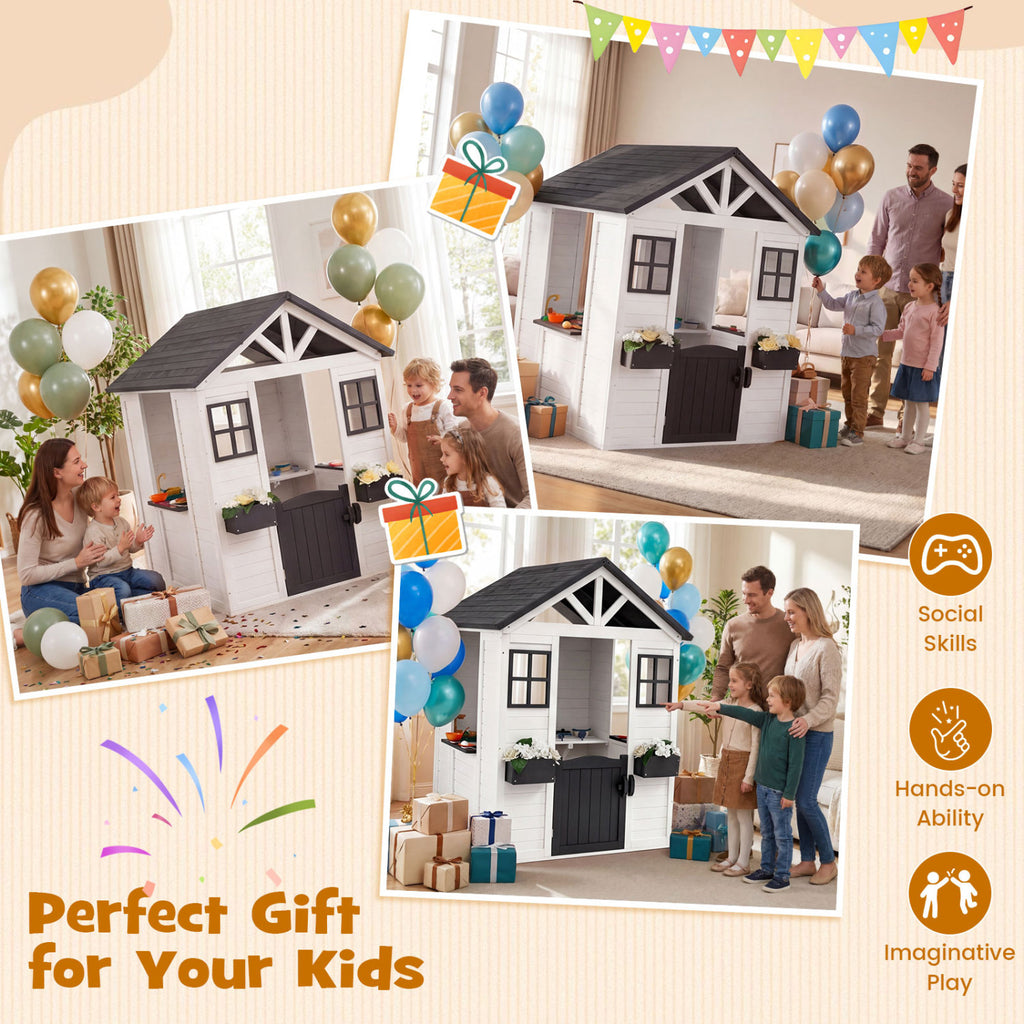Kids Outdoor Playhouse with Sink Spruce Wooden Cottage with Half Door-White