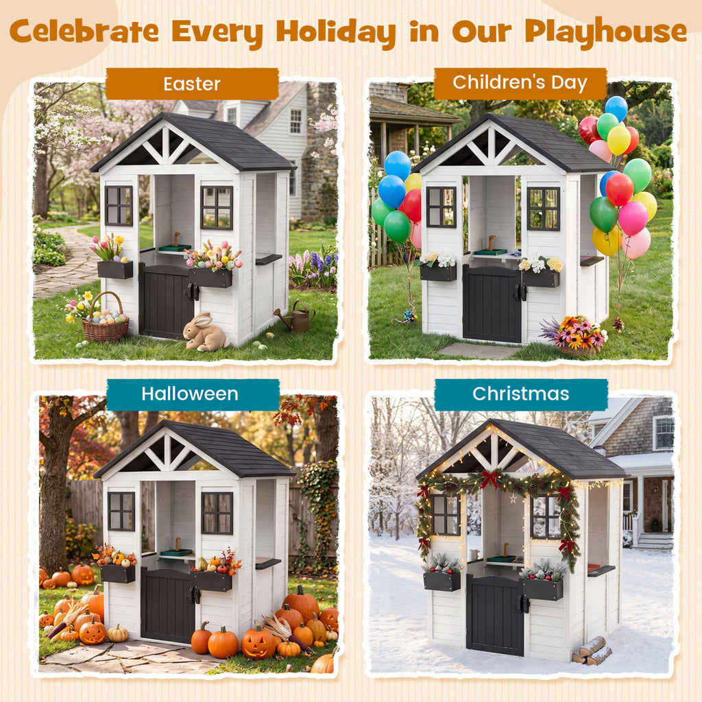 Kids Outdoor Playhouse with Sink Spruce Wooden Cottage with Half Door-White