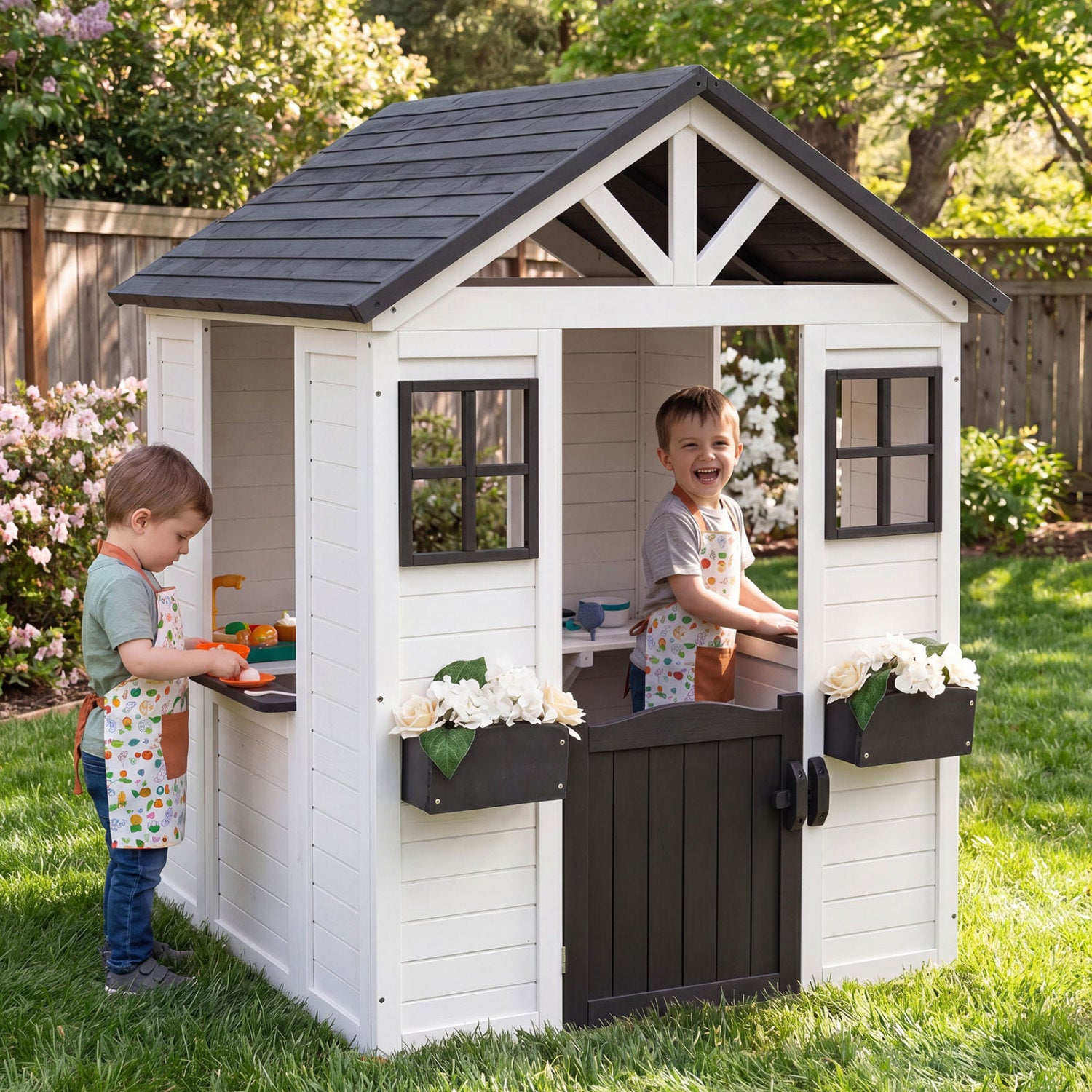 Kids Outdoor Playhouse with Sink Spruce Wooden Cottage with Half Door-White