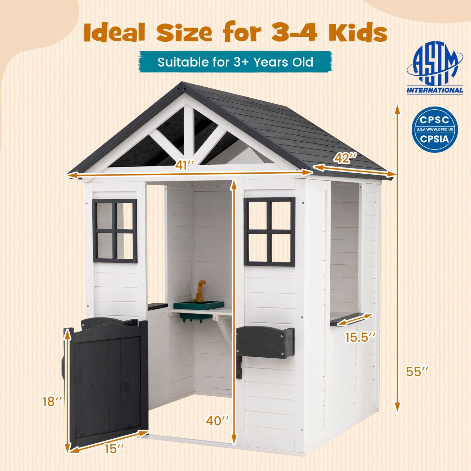 Kids Outdoor Playhouse with Sink Spruce Wooden Cottage with Half Door-White