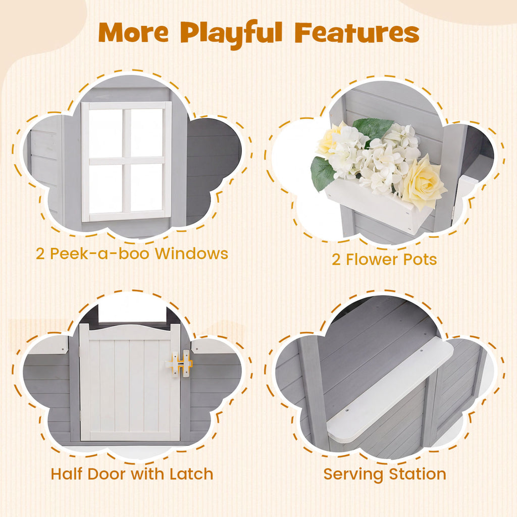 Kids Outdoor Playhouse with Sink Spruce Wooden Cottage with Half Door-Gray