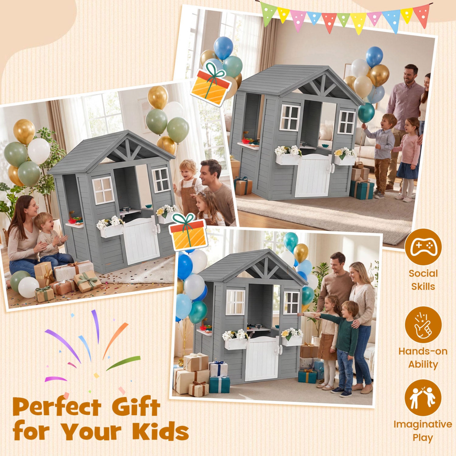 Kids Outdoor Playhouse with Sink Spruce Wooden Cottage with Half Door-Gray