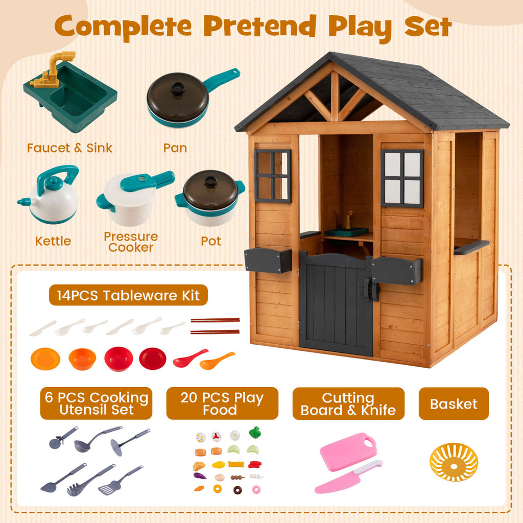 Kids Outdoor Playhouse with Sink Spruce Wooden Cottage with Half Door-Natural