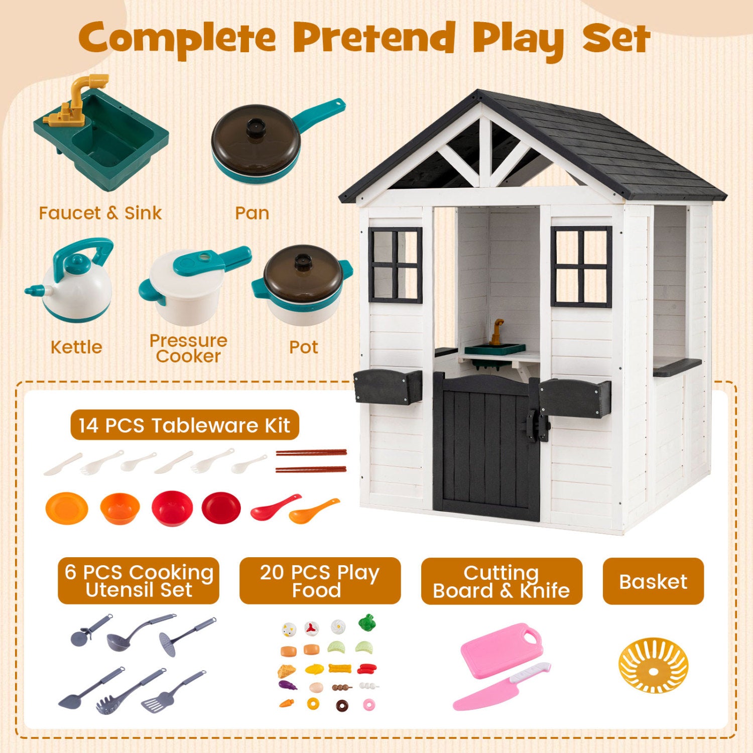 Kids Outdoor Playhouse with Sink Spruce Wooden Cottage with Half Door-White