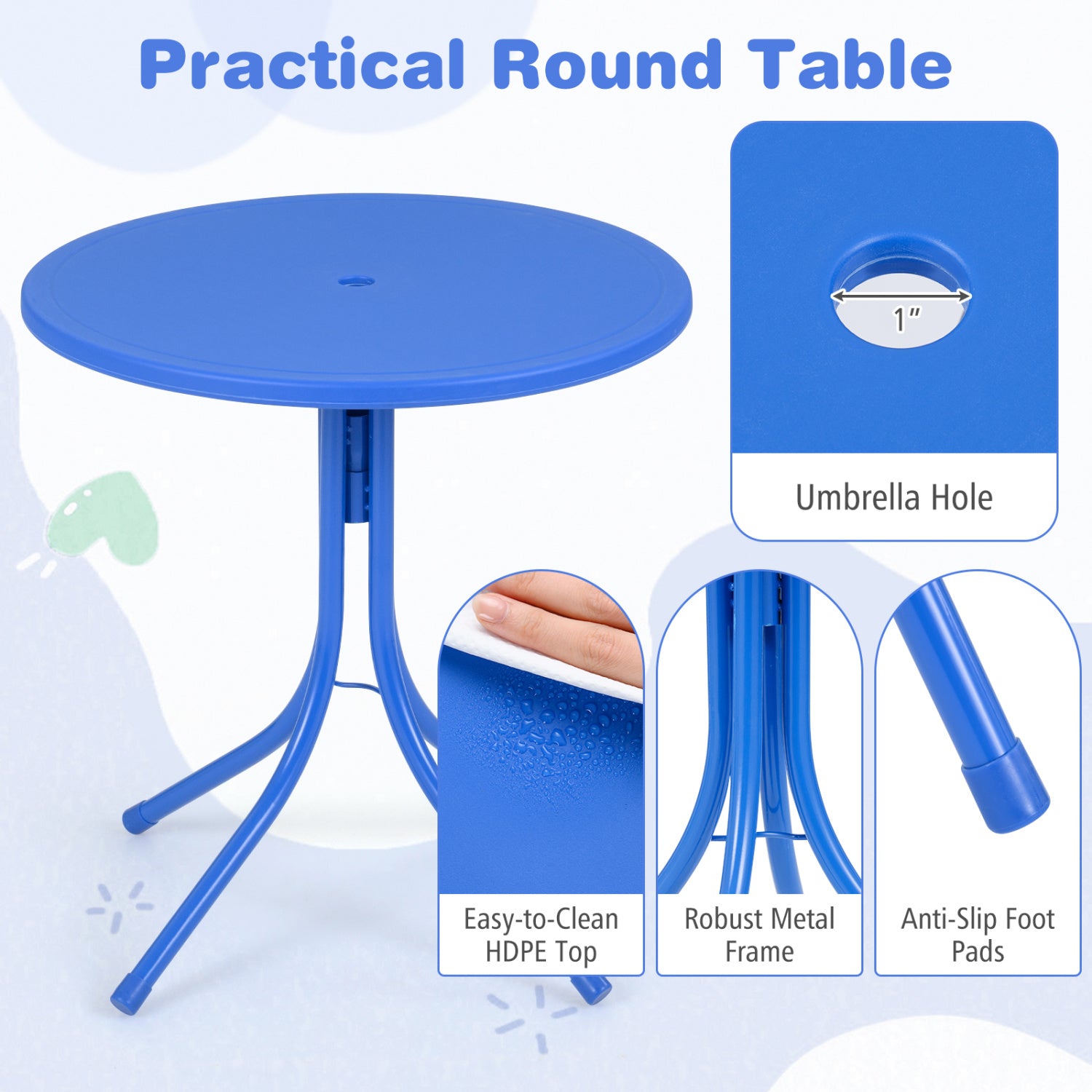 Kids Outdoor Table and Chair Set with 2 Folding Chairs and Height Adjustable Umbrella-Blue