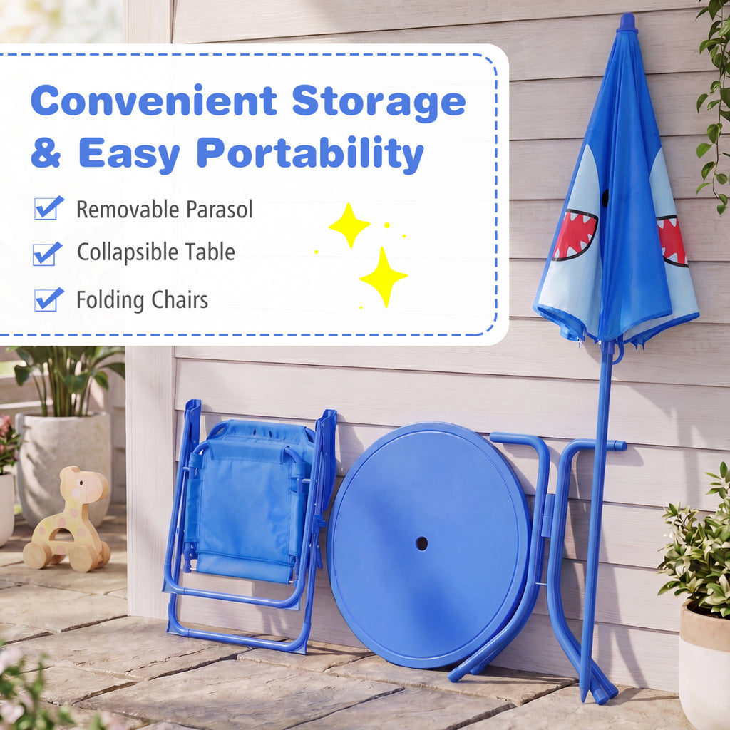 Kids Outdoor Table and Chair Set with 2 Folding Chairs and Height Adjustable Umbrella-Blue