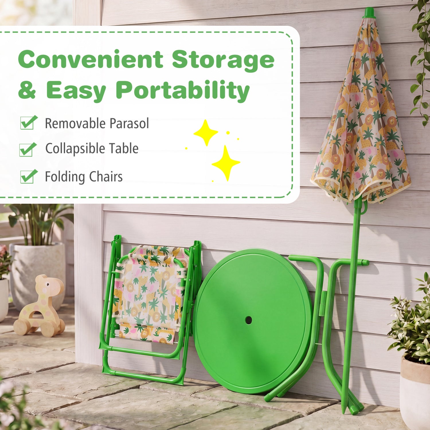 Kids Outdoor Table and Chair Set with 2 Folding Chairs and Height Adjustable Umbrella-Beige