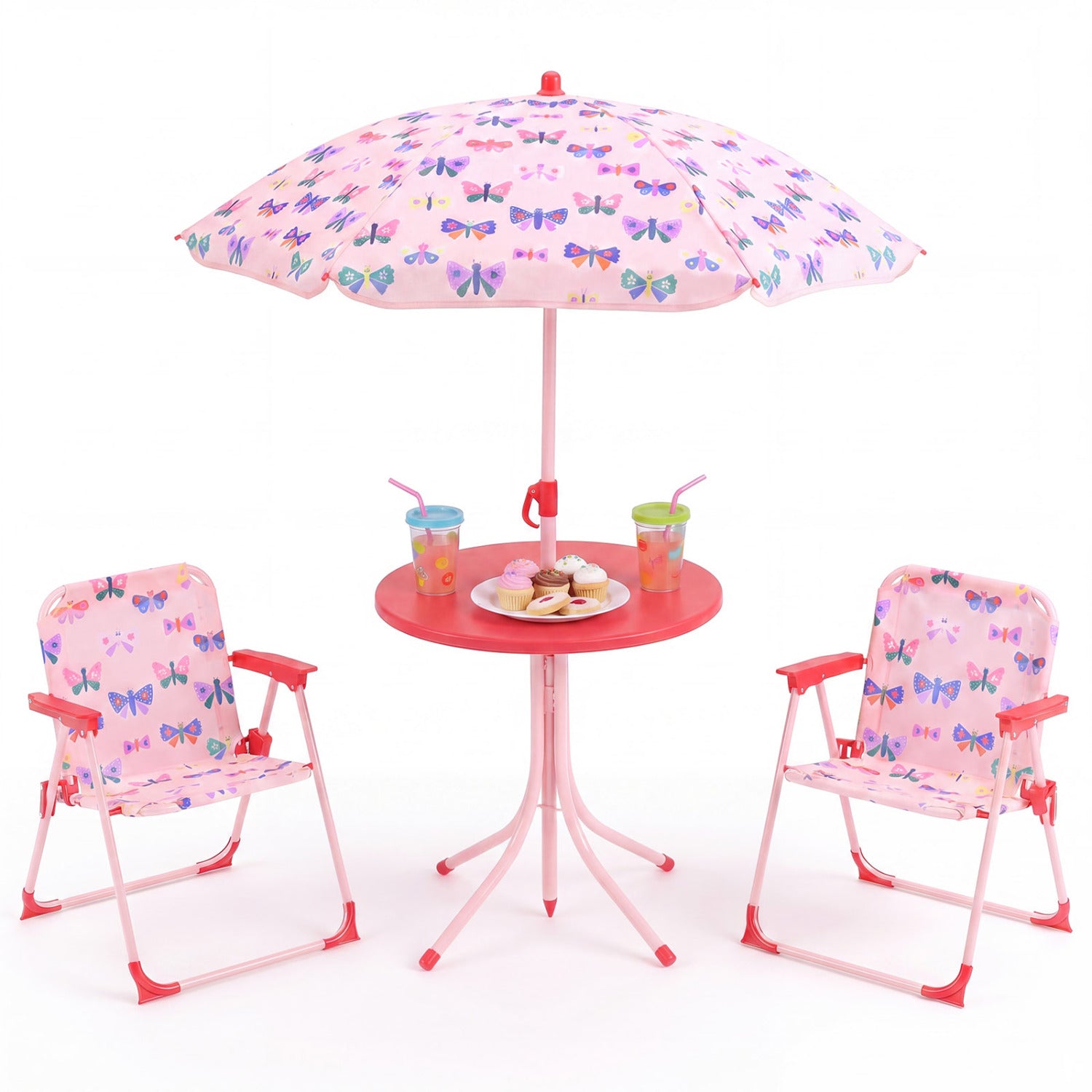 Kids Outdoor Table and Chair Set with 2 Folding Chairs and Height Adjustable Umbrella-Pink and White