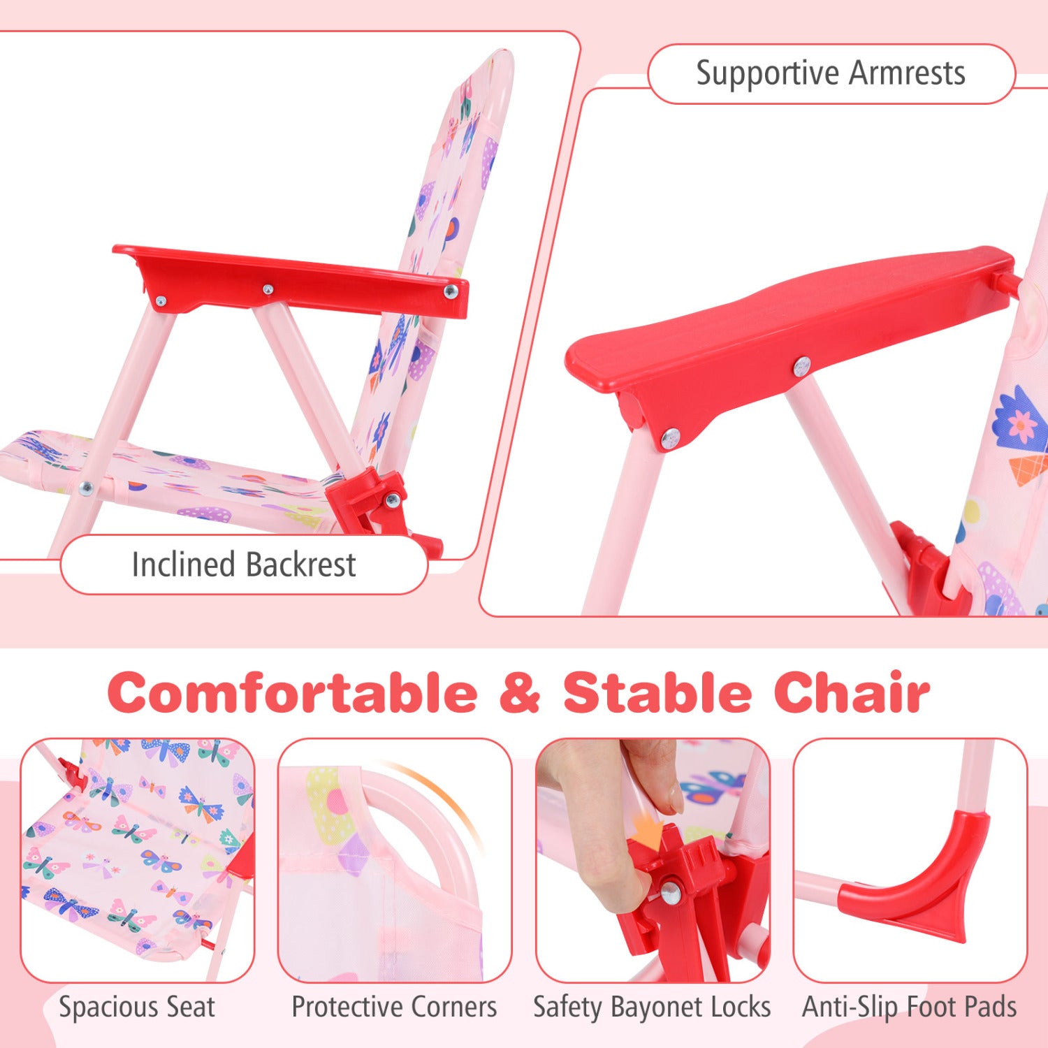 Kids Outdoor Table and Chair Set with 2 Folding Chairs and Height Adjustable Umbrella-Pink and White