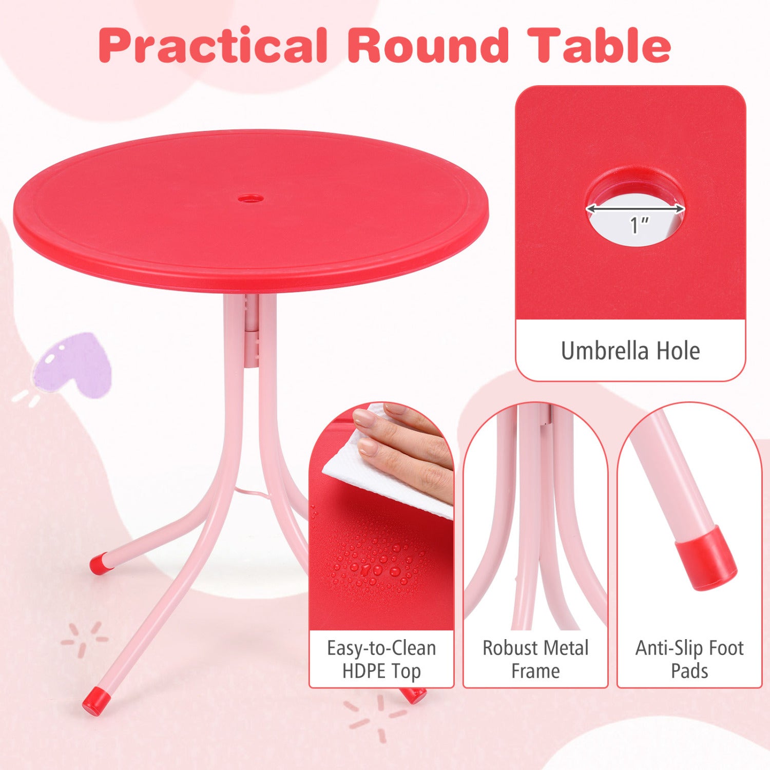 Kids Outdoor Table and Chair Set with 2 Folding Chairs and Height Adjustable Umbrella-Pink and White