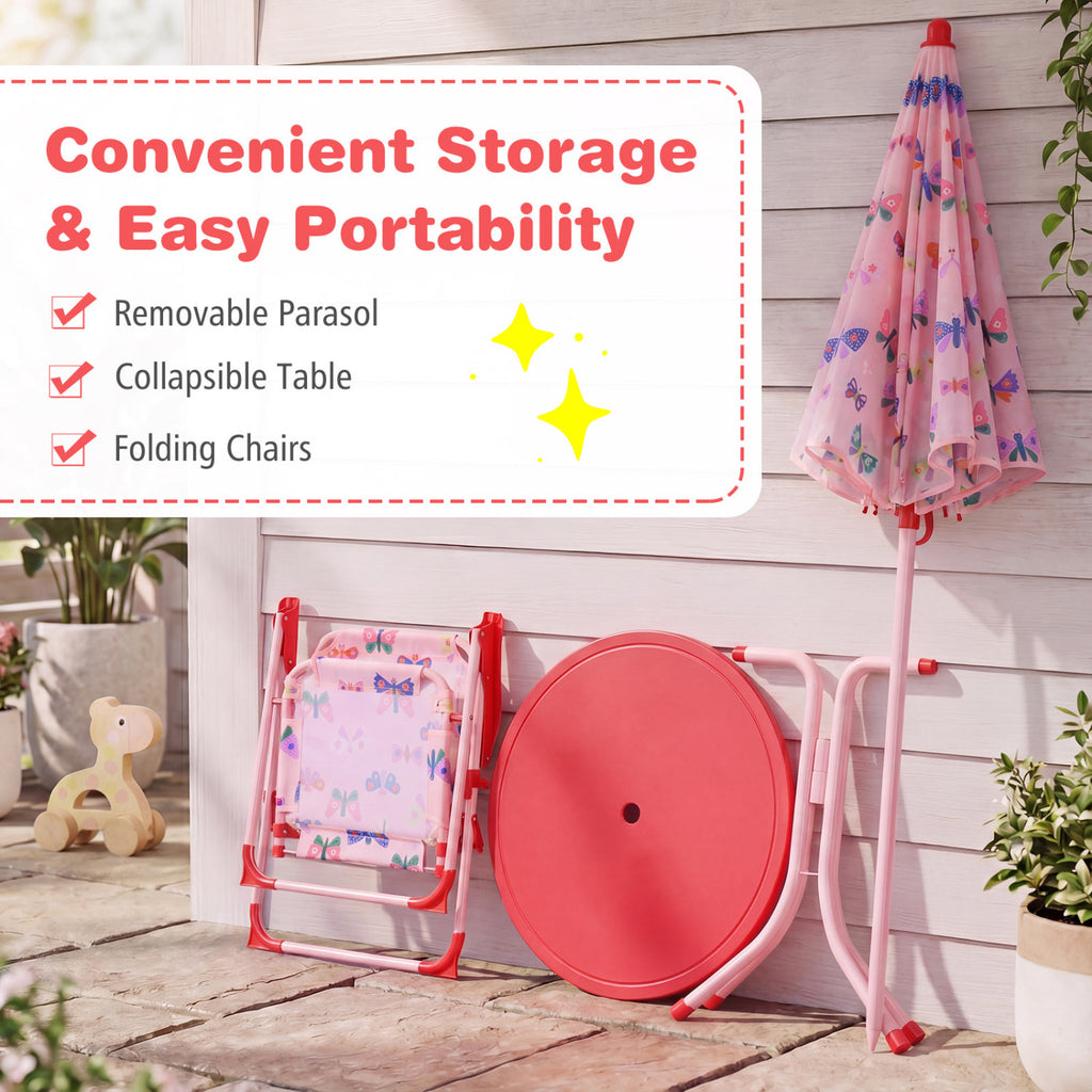 Kids Outdoor Table and Chair Set with 2 Folding Chairs and Height Adjustable Umbrella-Pink and White