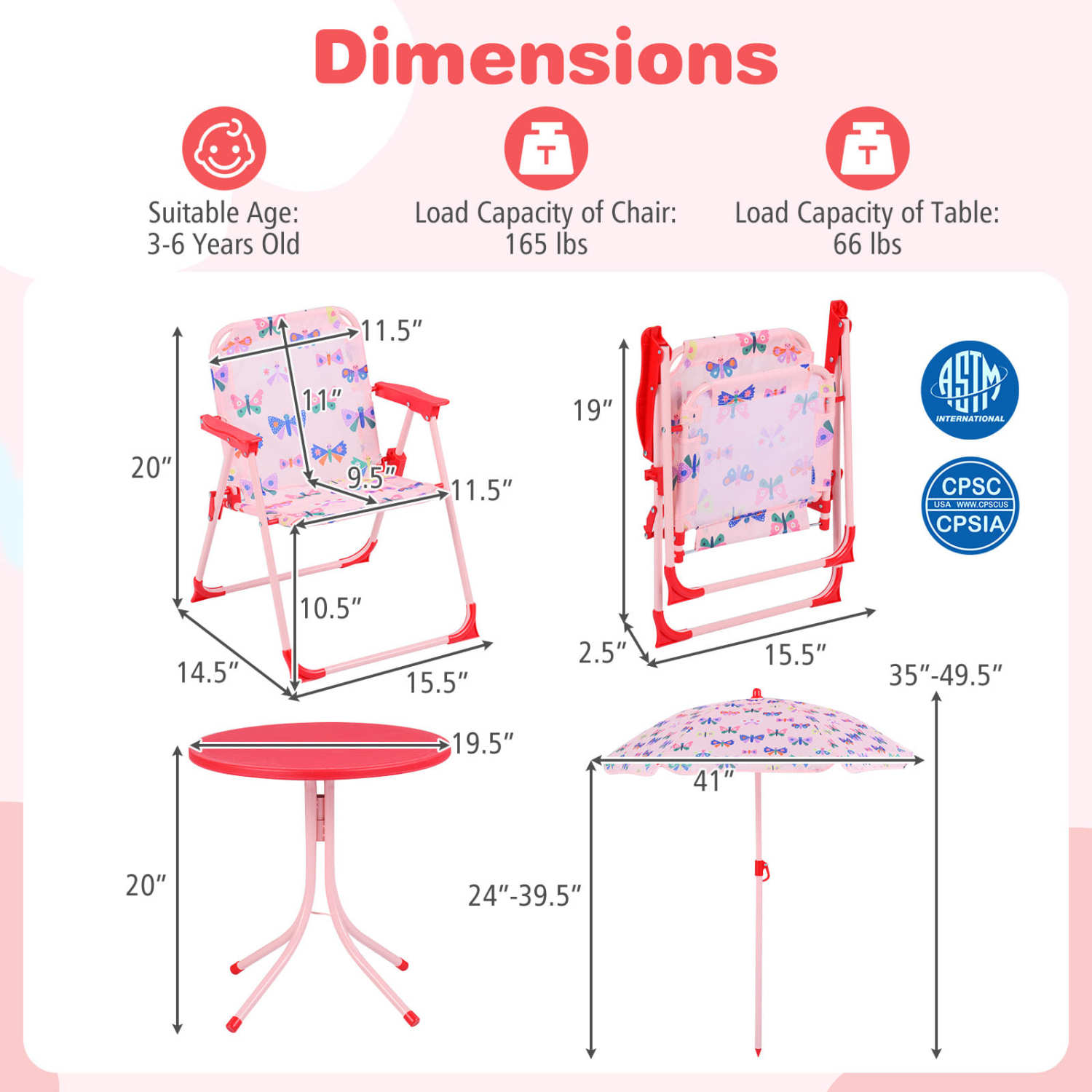 Kids Outdoor Table and Chair Set with 2 Folding Chairs and Height Adjustable Umbrella-Pink and White