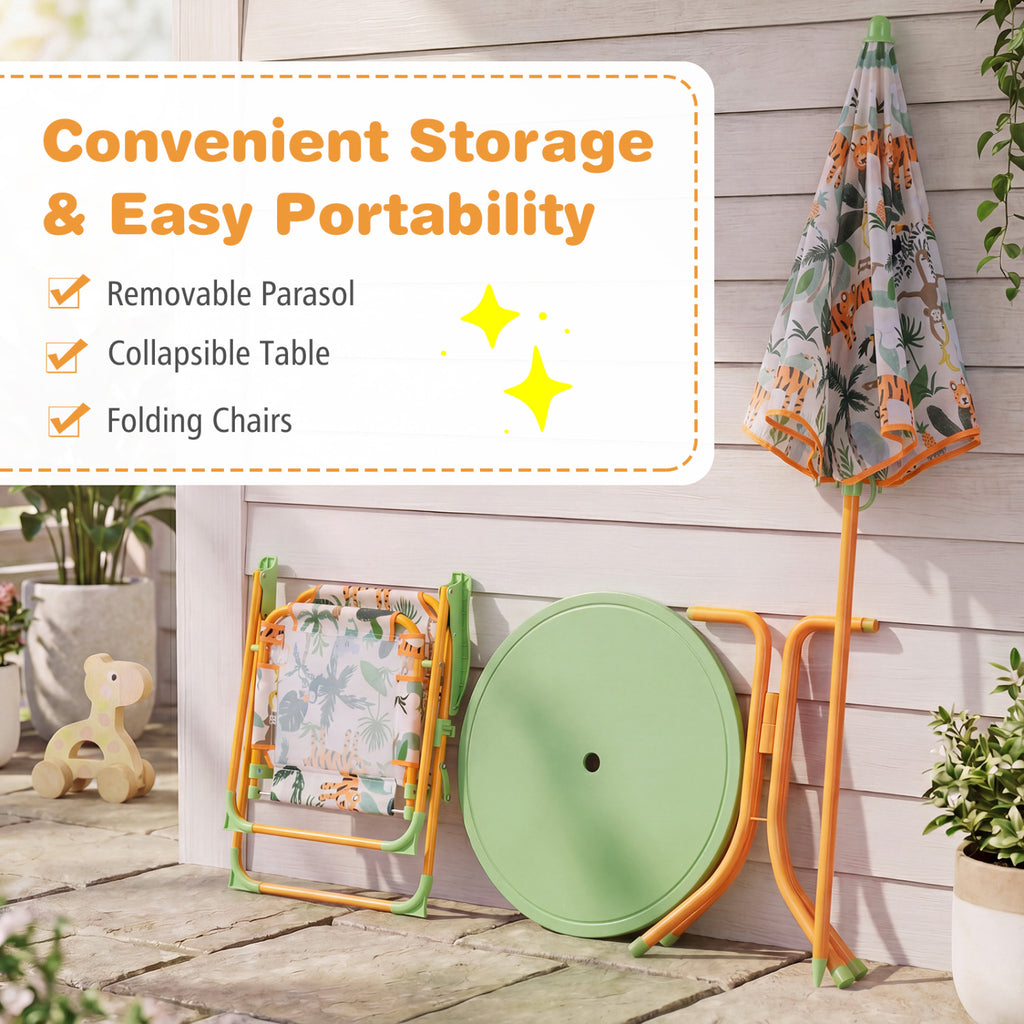 Kids Outdoor Table and Chair Set with 2 Folding Chairs and Height Adjustable Umbrella-Yellow