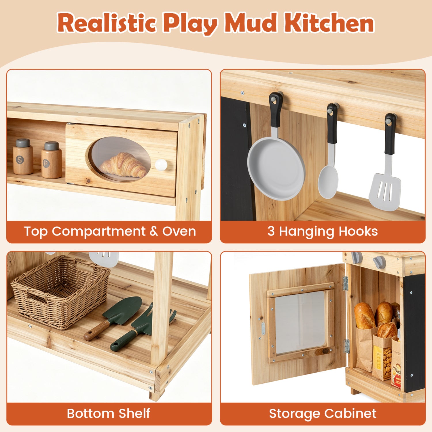 Kids Outdoor Wooden Mud Kitchen with Stoves and Chalkboard-Natural